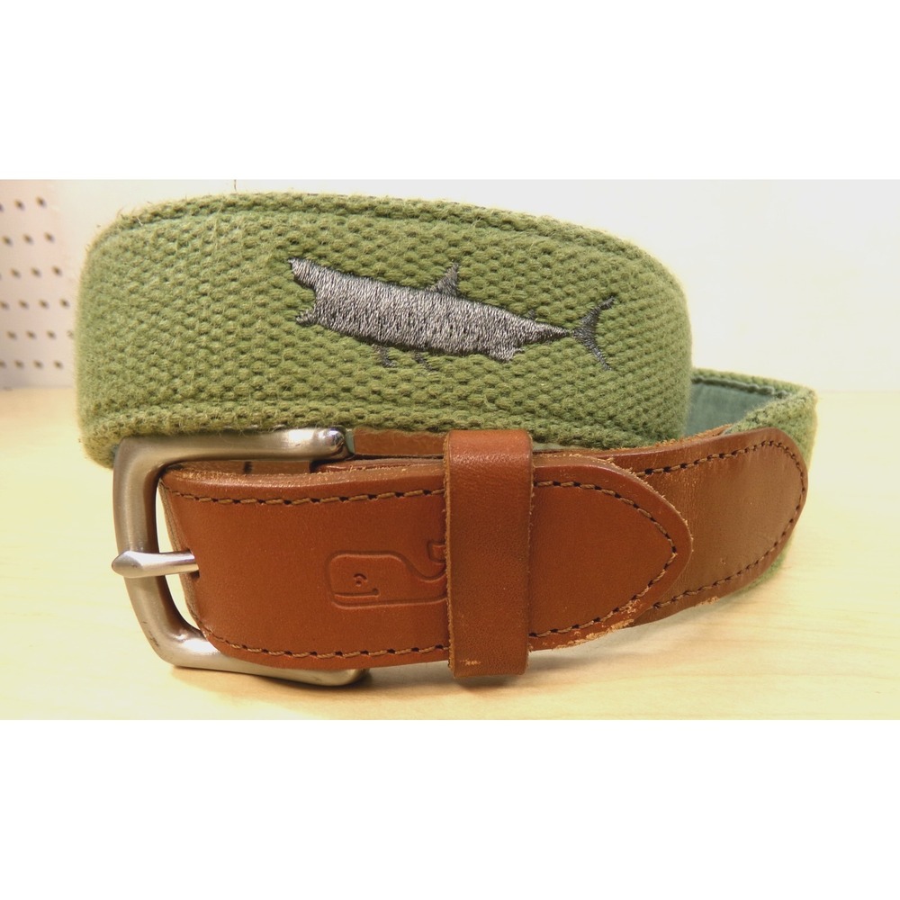 Vineyard Vines Shep & Ian Men's Belt Size 30 Green Woven Canvas w Sharks 1 3/8"